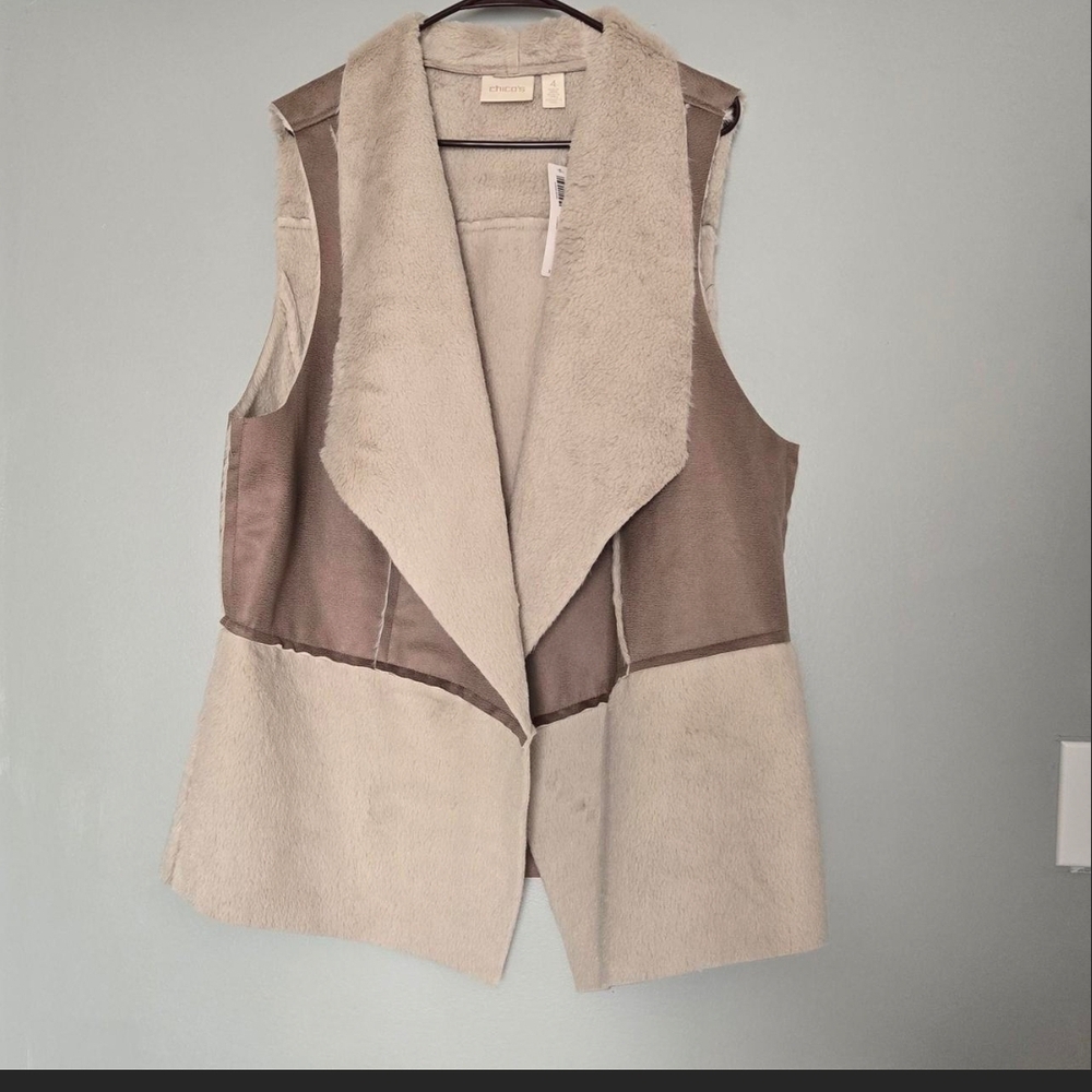 Chico's Two-Tone Faux-Fur Open Front Vest - Beige Taupe